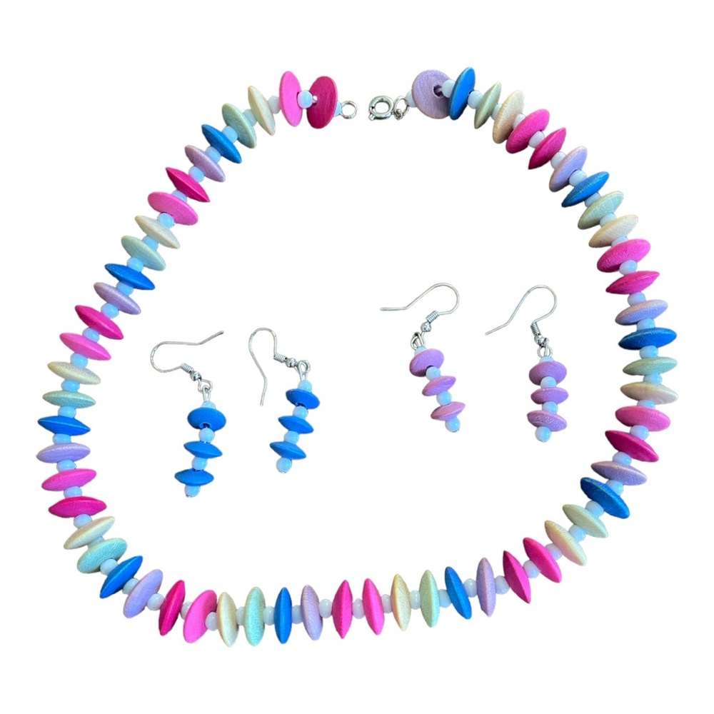 Vintage Pastel Candy Rainbow Beaded Necklace & 2 Pair Earrings Set 18”